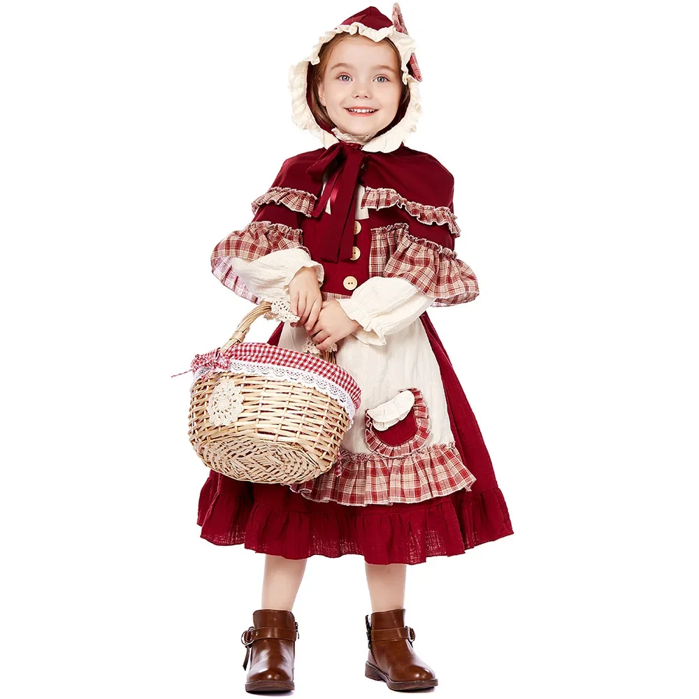 5 Stuk Kleine Rode Rijkap Cosplay Jurk Voor Meisjes Lolita Stijl Jurk Kids Meid Halloween Jurk Podium Drama Show Kostuum