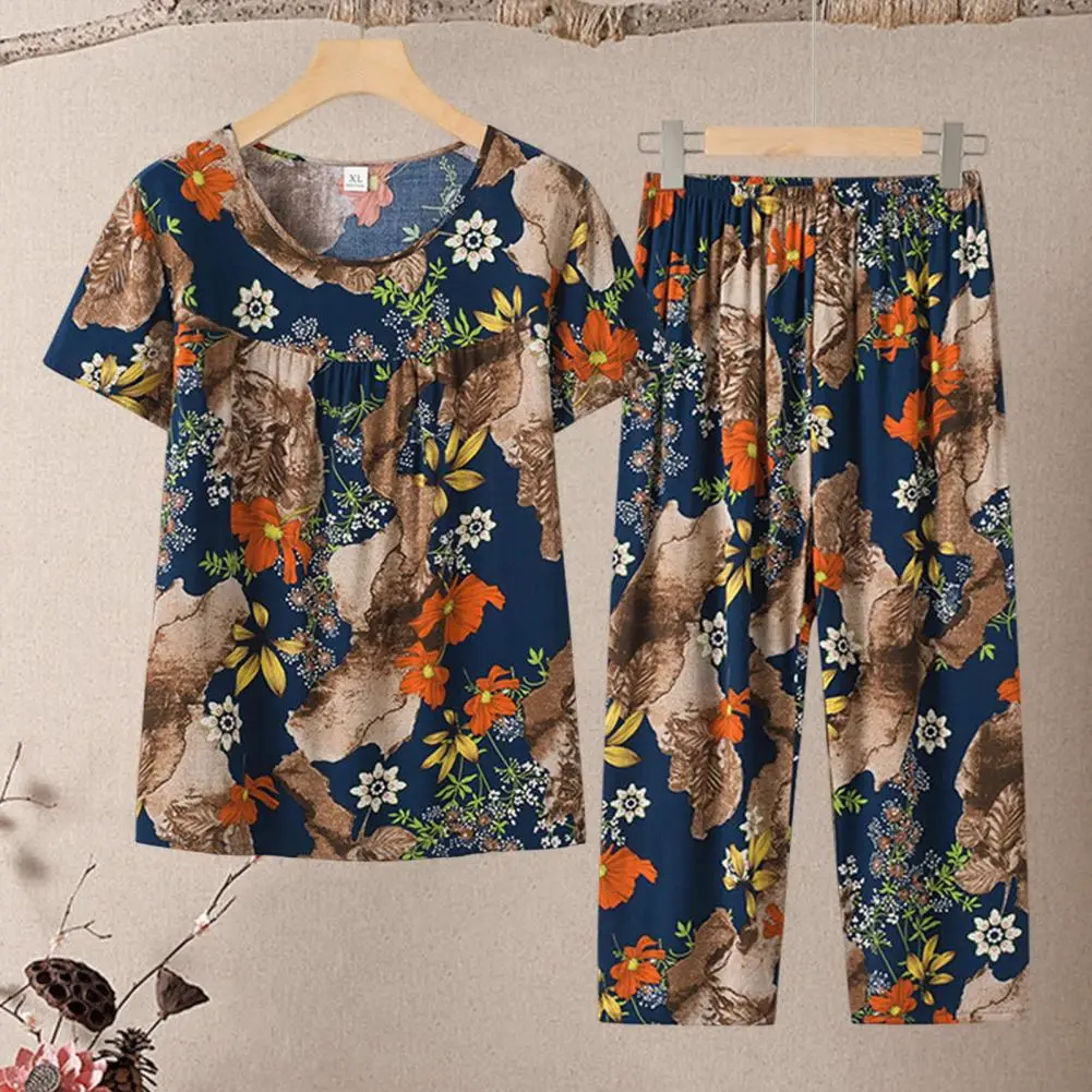 

2 Pcs/Set Grandma Night Clothes Elastic Waist Grandma Summer Pajamas Colorful Flower Print Mid-aged Night Clothes