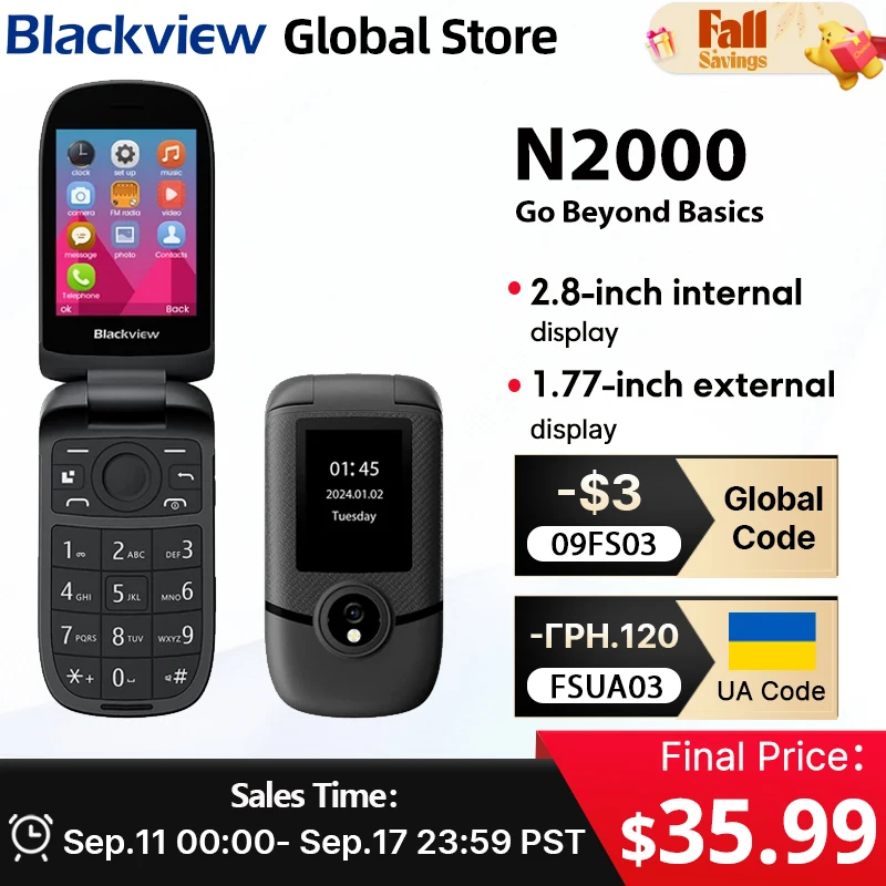 

Откидной телефон Blackview N2000, мобильный телефон для пожилых людей, 2,8 дюйма, два дисплея, SOS, быстрый быстрый вызов, циферблат, кнопка, сложенный мобильный телефон для пожилых людей