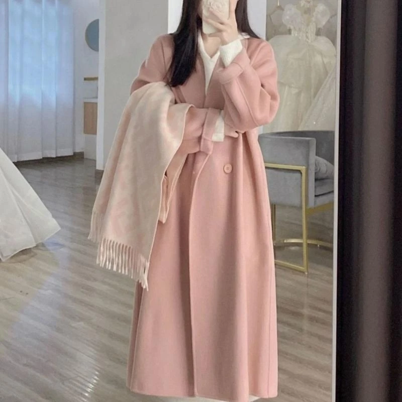 

5asd Women Elegant Lapel Collar Double Breasted Faux Wool Coat with Pockets Long Sleeve Solid Color Overcoat Outerwear