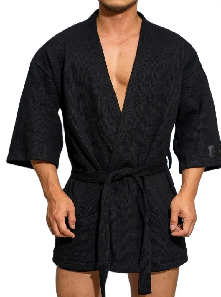 D. M Men\'s Bathrobe Short Solid 100%cotton Pajama Sexy Warm Leisure Home Bath Robe Men