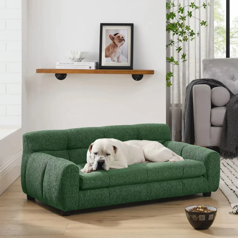 Modern rectangular pet sofa is comfortable and soft, with large and medium-sized dog back armrests - green