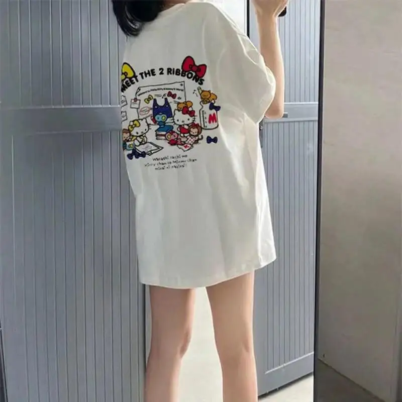 

Sanrio hellokitty, летняя ультра свободная тонкая футболка с короткими рукавами, женская большая свободная повседневная универсальная футболка в ленивом стиле с половиной рукавов
