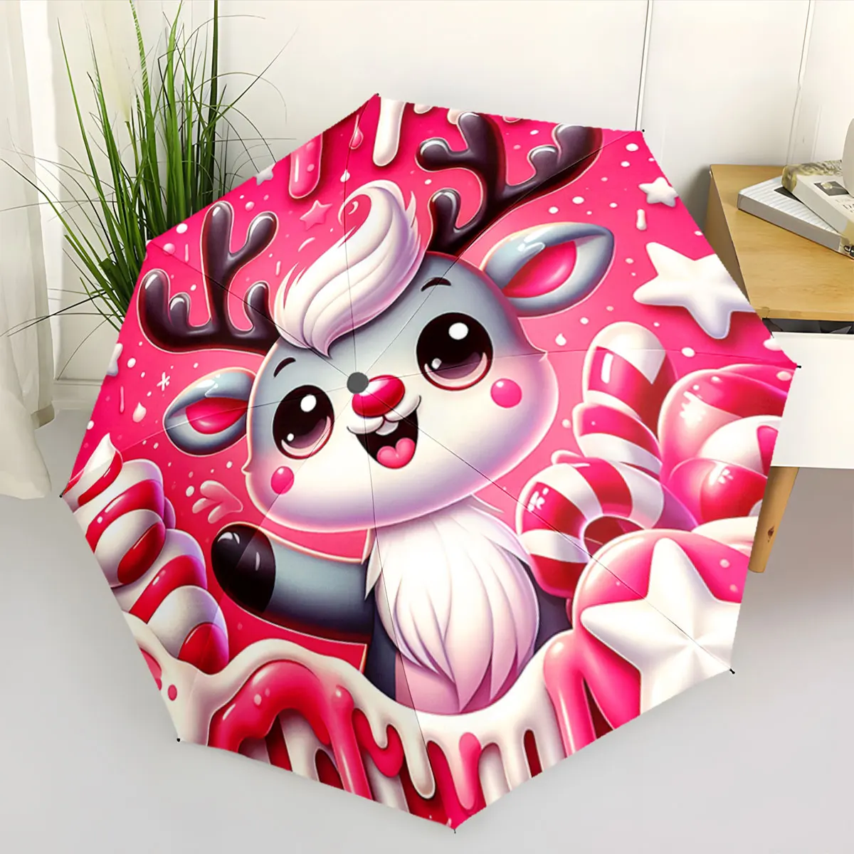 Cute Reindeer with Candy Canes on Pink Background portable waterproof sun rain umbrella for outdoor travel beach