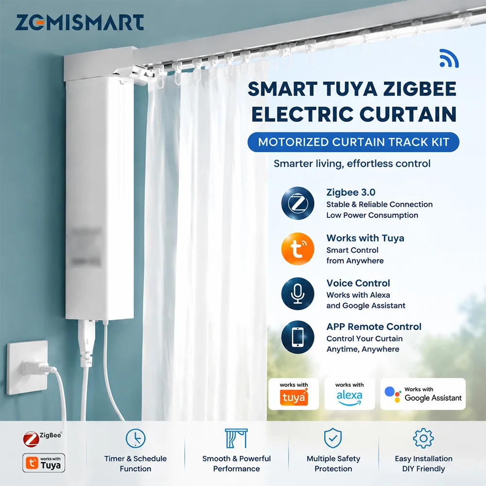 Zigbee Smart Curtain Motor 1.5Nm with Custom Track Works with Tuya Smart App Alexa Google Home Voice Control Smart Home System