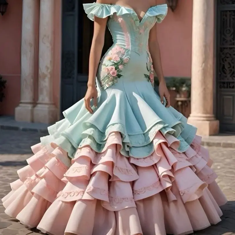 Vestido de baile flamenco moderno, babados, ombro de fora, longo, verde menta, com blush, rosa, cetim, sereia, festa de aniversário, personalizado
