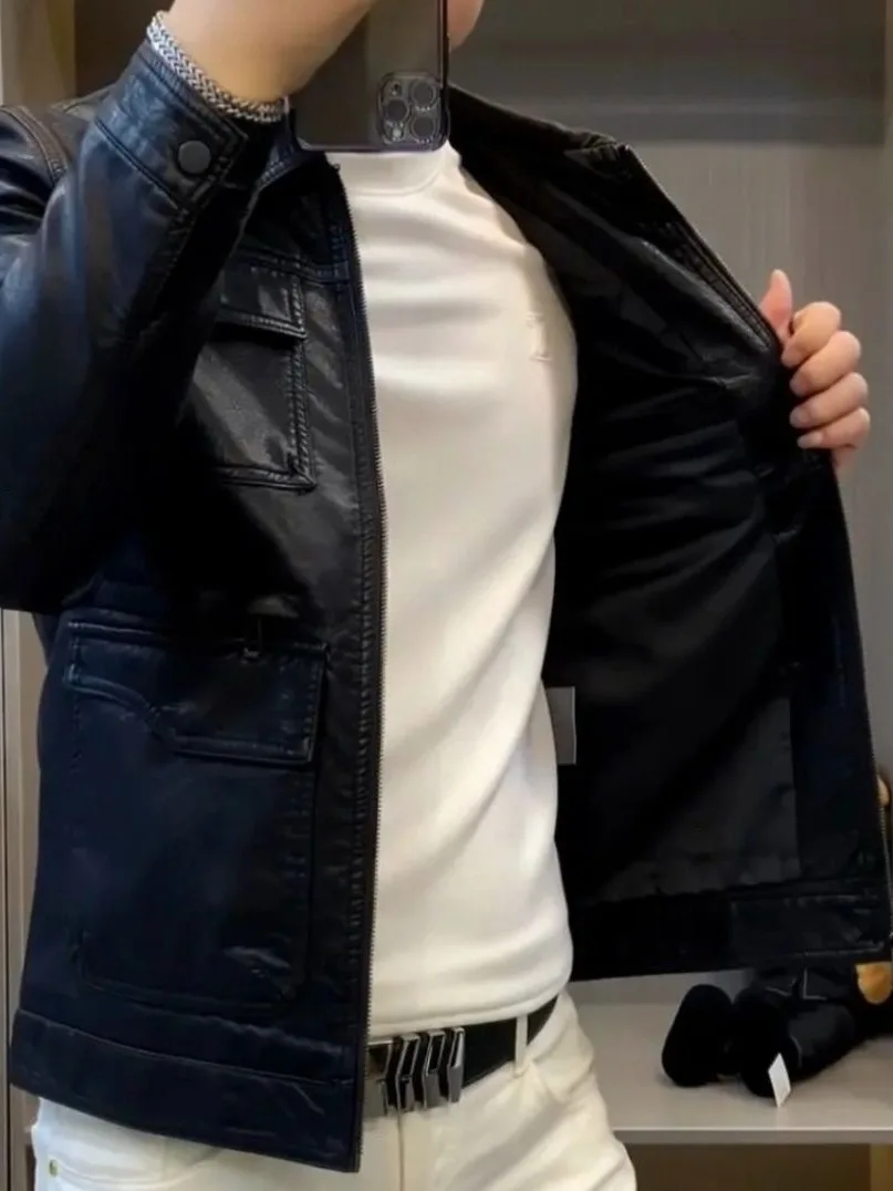 

Мужская повседневная кожаная куртка-косуха, новинка весенней коллекции, модная, универсальная, с длинными рукавами, на молнии, однотонная, из искусственной кожи (ПУ)