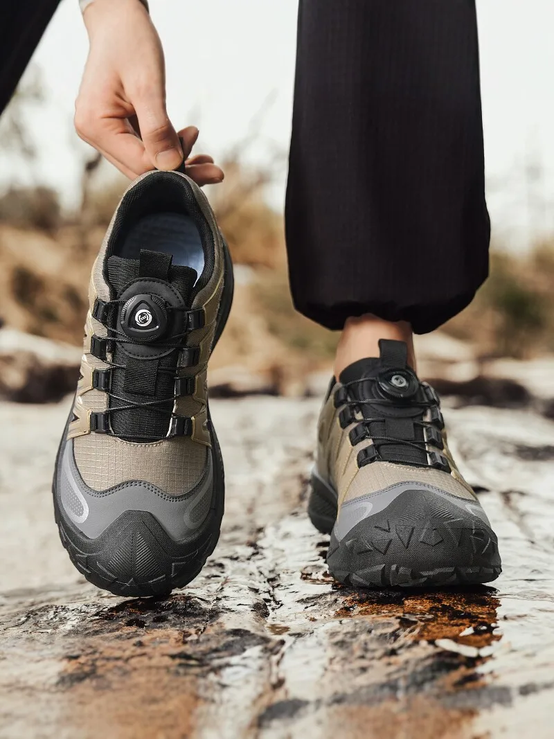Men's Casual Sports Shoes with Rotating Button for Hiking Outdoor Mesh Breathable Anti-slip Wear-resistant Soft Bottom