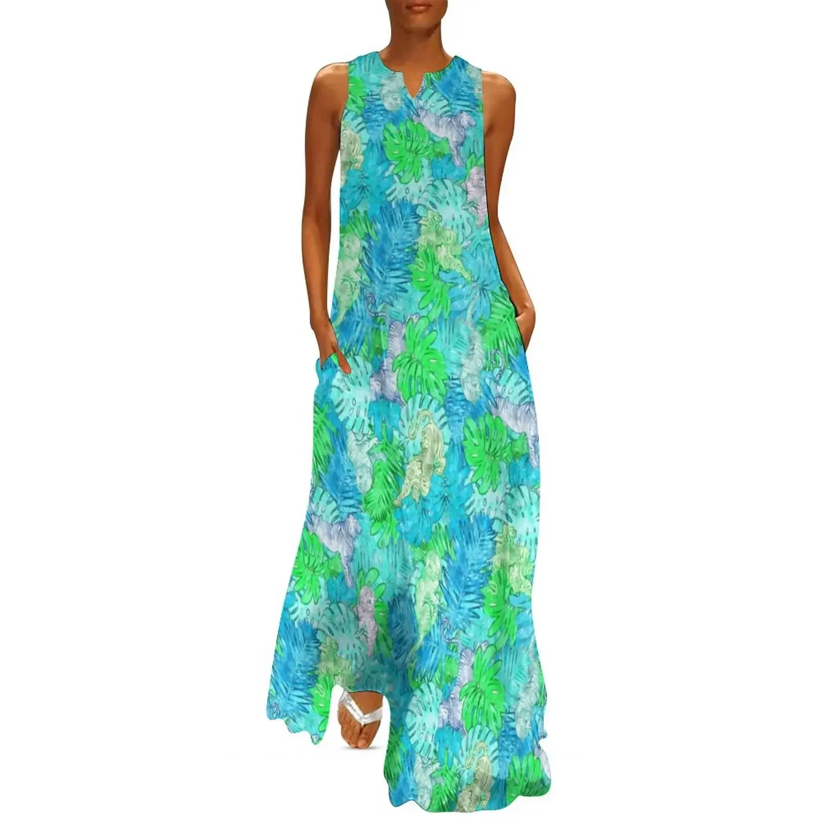 

Tiger Palms - Clear Sky Colorway Long Dress dress for woman clothes for women Woman's evening dress