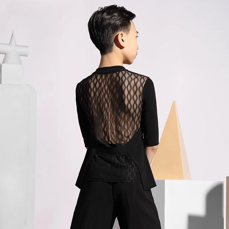 

Топы для латинских танцев для мальчиков, рубашка с v-образным вырезом, детские костюмы для соревнований по латинским танцам, детская одежда для румбы, ча-ча, черный, белый цвет