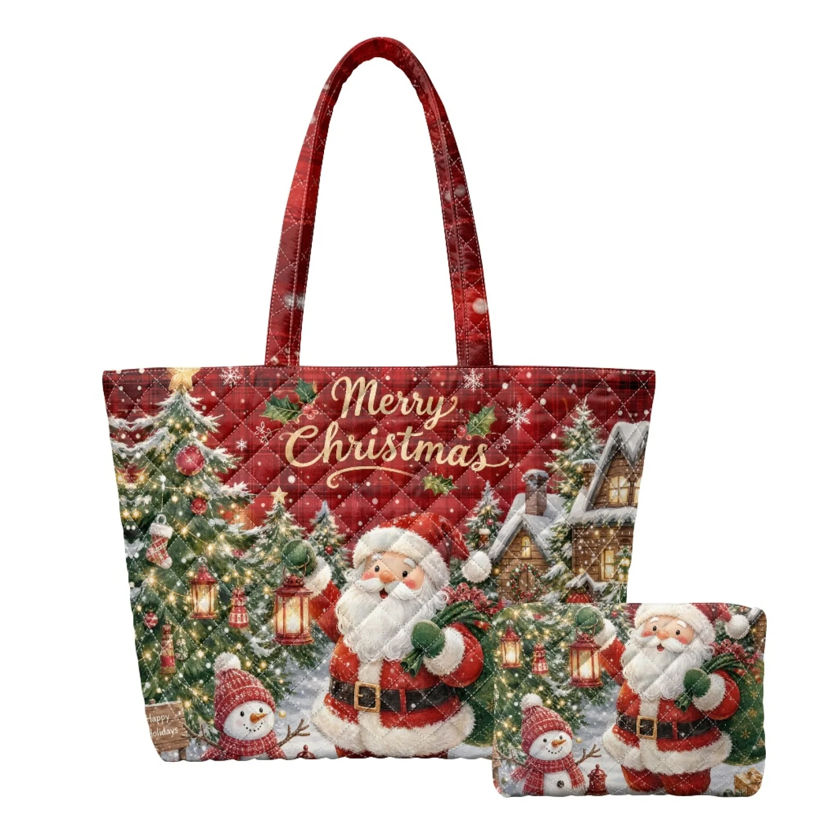 Coloranimal Merry Christmas 2 Pcs Embroidered Quilted Tote Bag with Matching Wallet, for Casual Outings Holiday Excursions