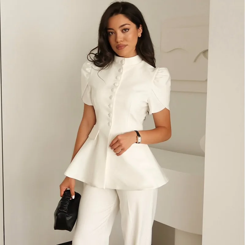 Elegant Summer Women Blazer Top Front Button Peplum Stand Collar Short Sleeve Slim White Blouse Formal Office Suit Work Jacket