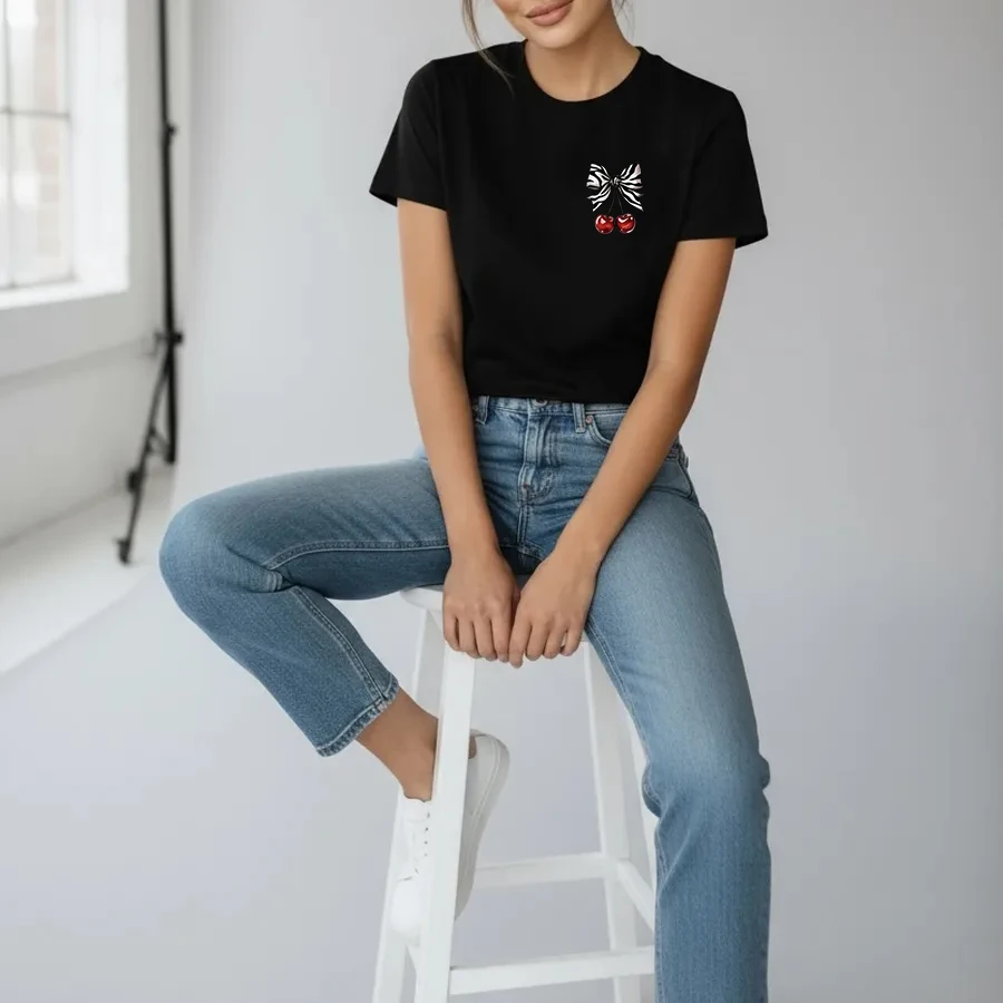 Vintage Leopard Bow and Cherry Print T-shirt 90s Graphic Casual Black Tshirt Women's Summer Crew Neck Short Sleeve T Shirt