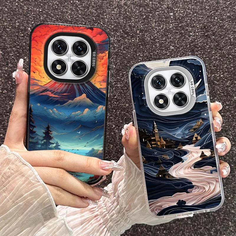 Sunrise Volcano For Xiaomi 13 14T Redmi 13C Note 9S 10 12 13 14 Pro Plus POCO X6 M6 X5 C65 K70E IMD Colorful Silver Phone Case