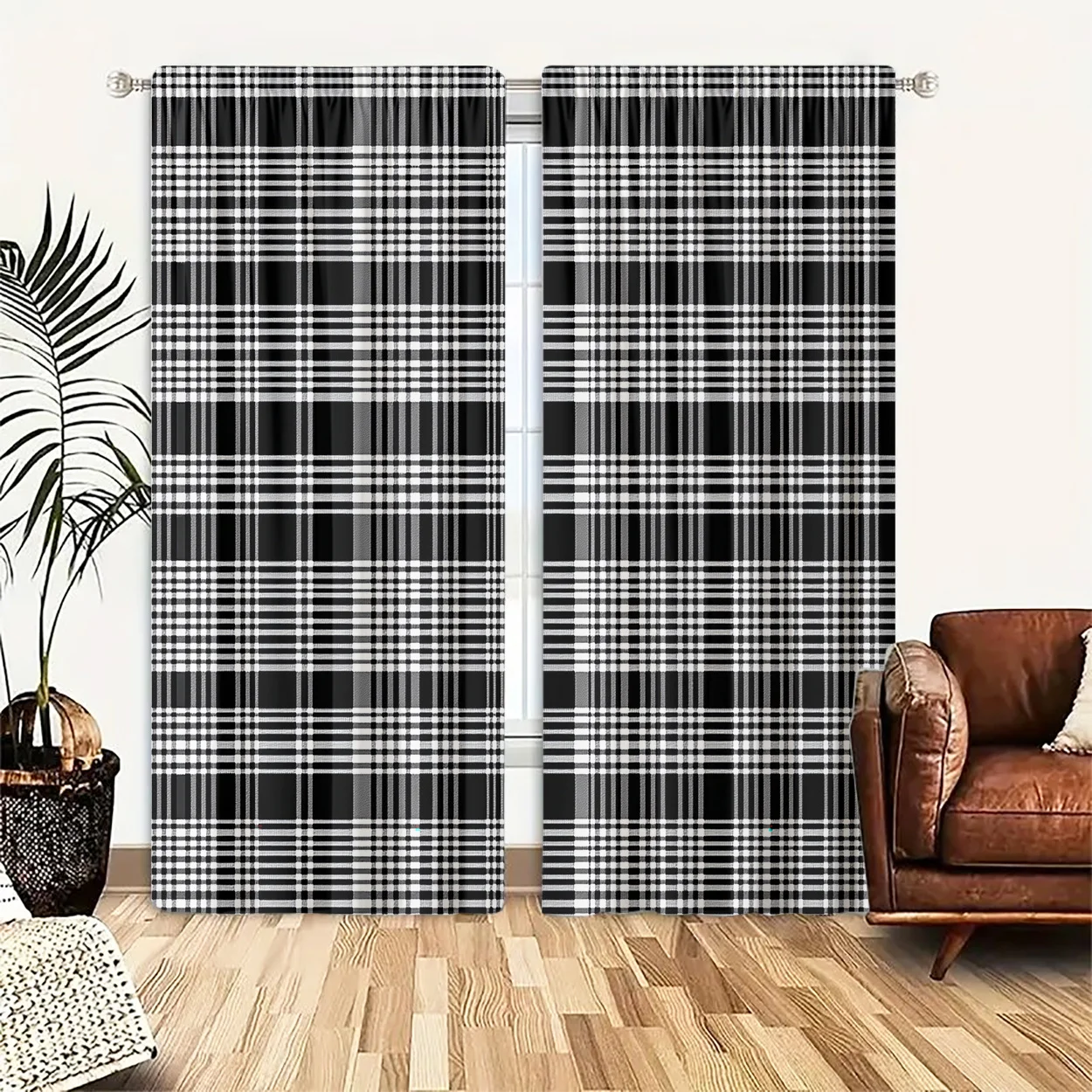 Modern Black White Check Curtain 2 Panels,Interlaced Plaid Line Grid Allover Monochrome Print,Curtains Lounge Kitchen Curtain