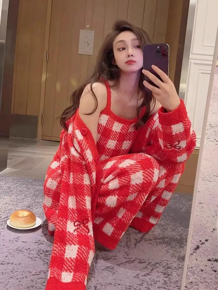 

Теплый трикотаж flanelowy Spwear, осенне-зимний женский повседневный домашний комплект с милыми ремешками, комплект футболок Thiened Long Sve