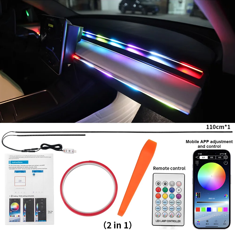 

2 in 1 LED Car 110cm Acrylic Ambient Lights Interior RGB Symphony Atmosphere Lamp USB APP Control Remote For Universal Model 12V