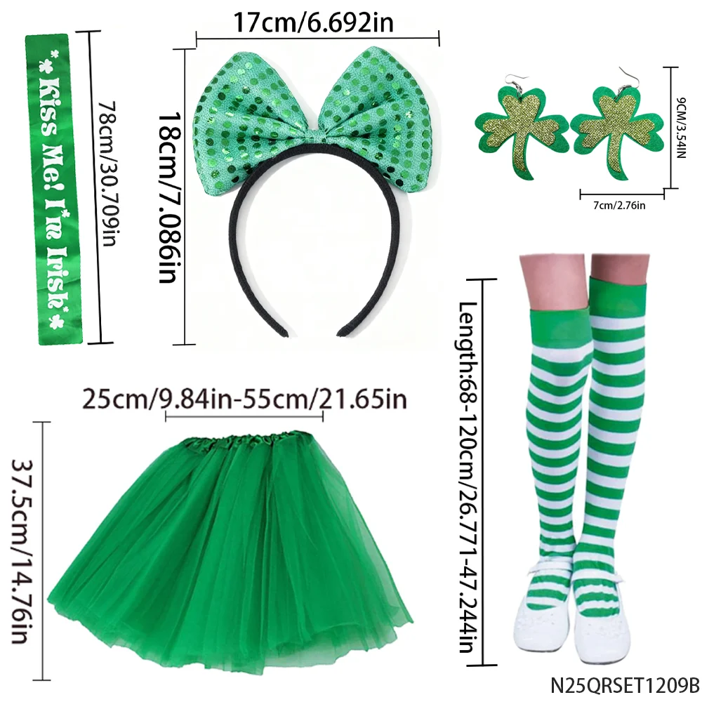PESENAR ชุดเครื่องแต่งกายสีเขียววันเซนต์แพทริก ที่คาดผม ต่างหู กระโปรงตูตู ถุงเท้า อุปกรณ์เสริม