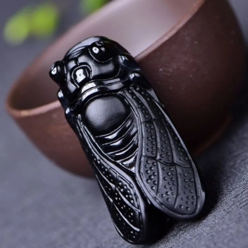 Natural Obsidian Matte Cicada Yiming Amazing Pendant, Random Pattern
