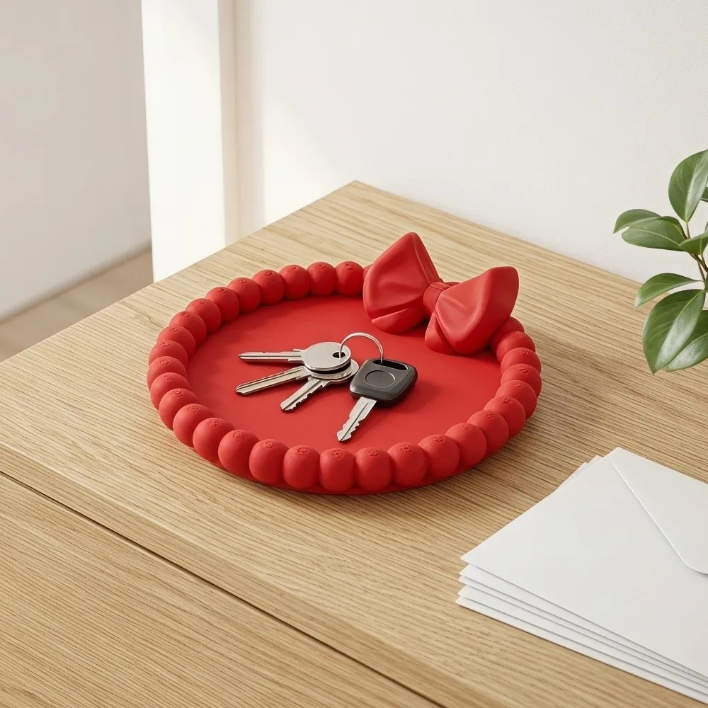 3D Printed Red Bow Jewelry Tray Vanity Decor Home Storage Trinket Dish Decorative Multi Functional Cute Round Desktop Organizer