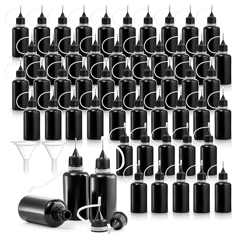 

ABKJ-50 Pack Black Precision Tip Applicator Bottles With 2 Funnels, 1 Oz / 30Ml Needle Tip Glue Bottles, Small Squeeze Bottle
