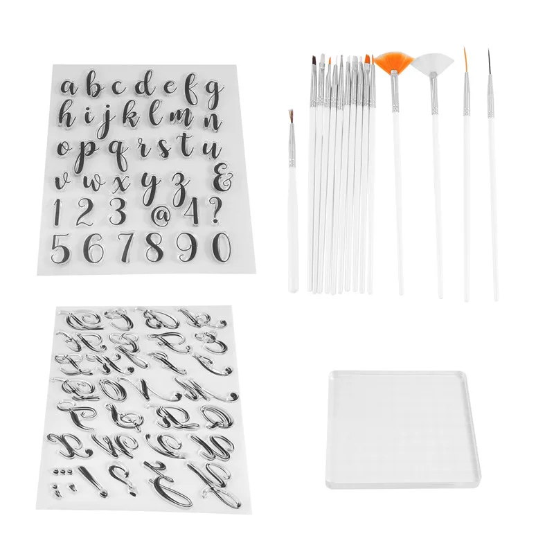 クッキーツール アルファベットケーキスタンプツール、デコレーションブラシ付きレターフォンダンスタンプ、数字フォンダンモールド