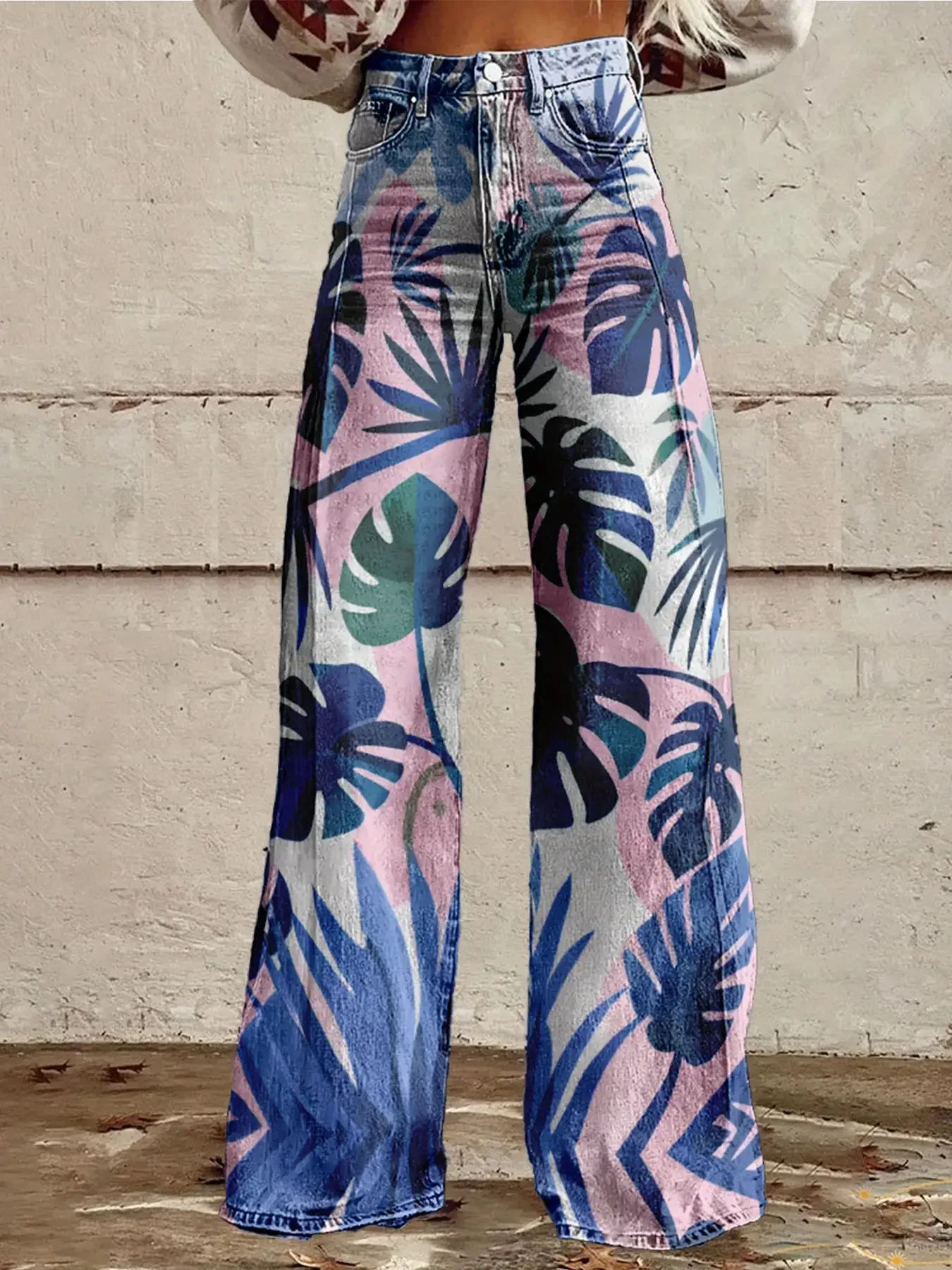 جينز نسائي مقلد مطبوع مع سراويل واسعة عالية الخصر، ملابس خارجية للربيع والخريف قابلة للغسل في الغسالة