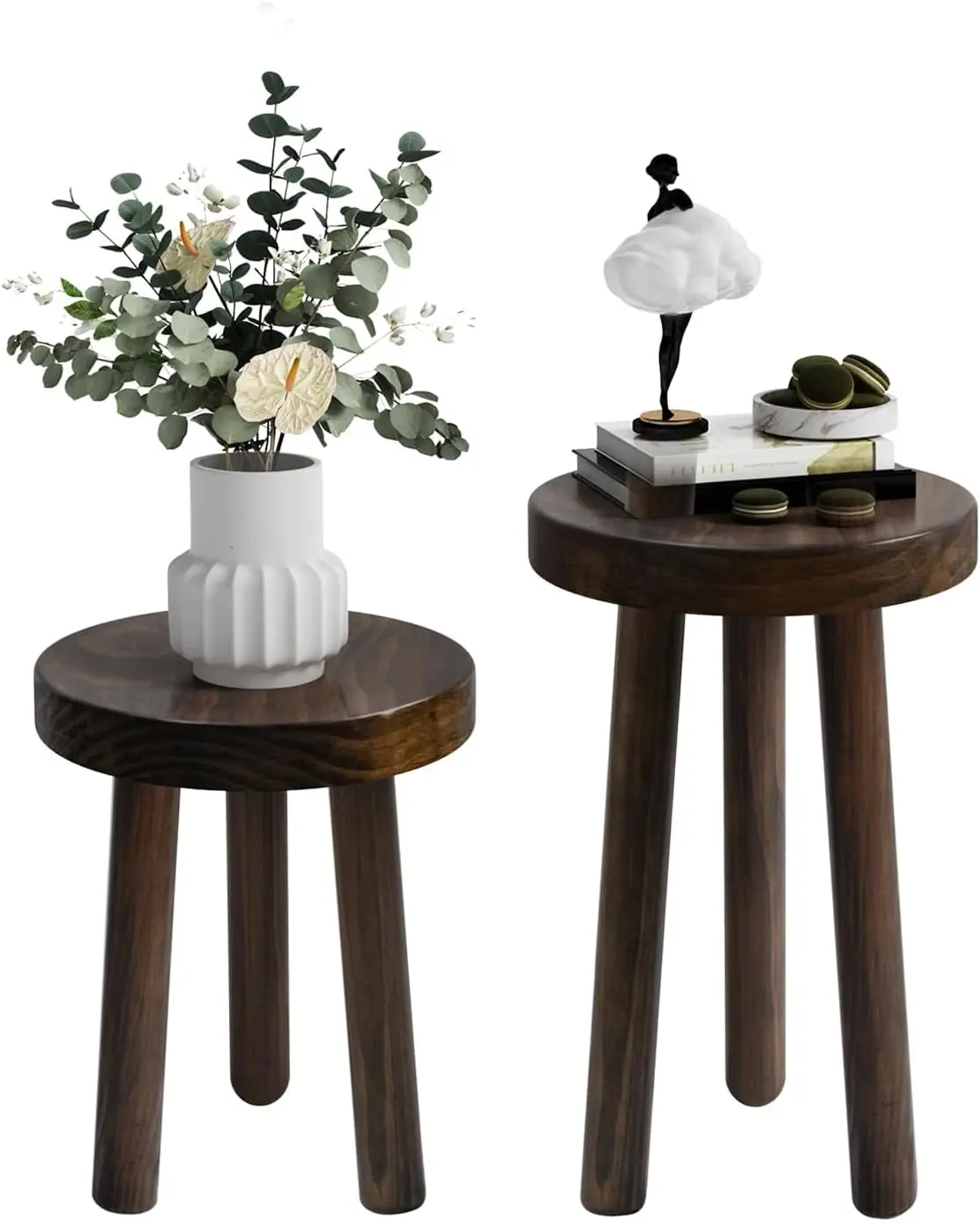 

Набор из 2 круглых деревянных подставок для растений из темного ореха, приставных столиков или табуретов для небольших помещений - высотой 16 и 12 дюймов