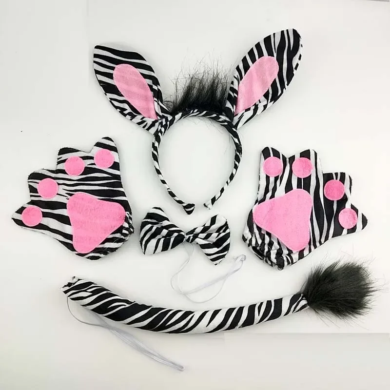 

Комплект костюма зебры с ушками и хвостом, повязка на голову, галстук-бабочка для костюма животного, косплей, день рождения, карнавал, Хэллоуин