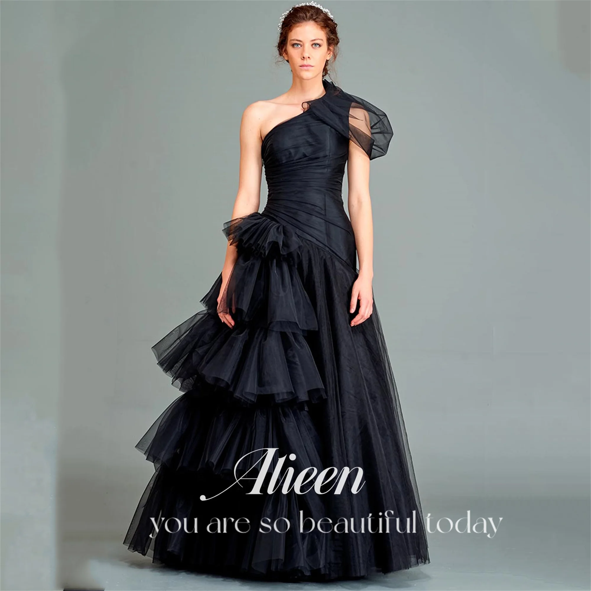 

Aileen Black High Quality Evening Dresses for Special Occasions One Shoulder Customized Prom Dress A-line Elegant Women Dresses