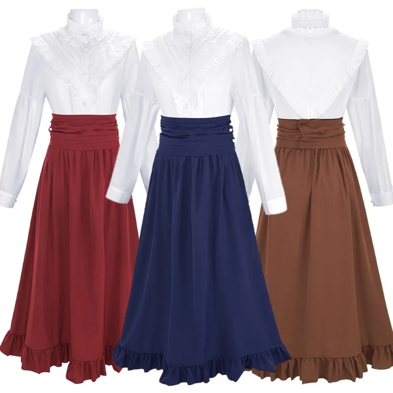 Disfraz Vintage victoriano para mujer, camisas góticas medievales con volantes, falda larga de cintura alta, falda pirata renacentista de Halloween