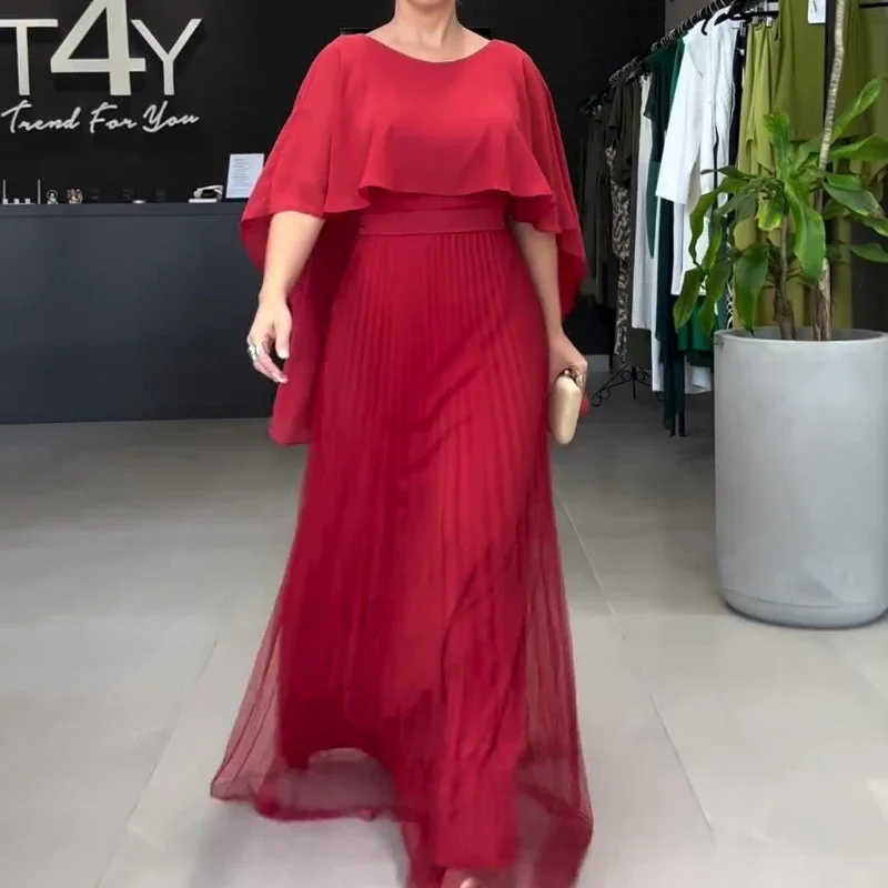 Women Elegant Crew Neck Irregular Shawl & Vest Pleated Dresses Autumn Solid Color Cloak 2 Piece Set Loose Evening Gown Vacation