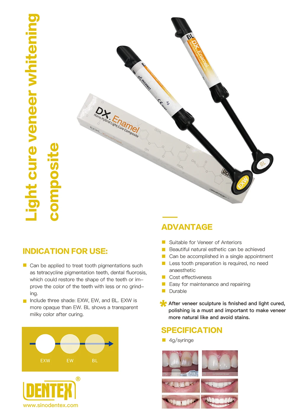 Dentex Enamel Nano Hybrid Light Cure Composite Resin Enamel EW EXW BL Shade Whitening Veneer Resin Dental Filling Material