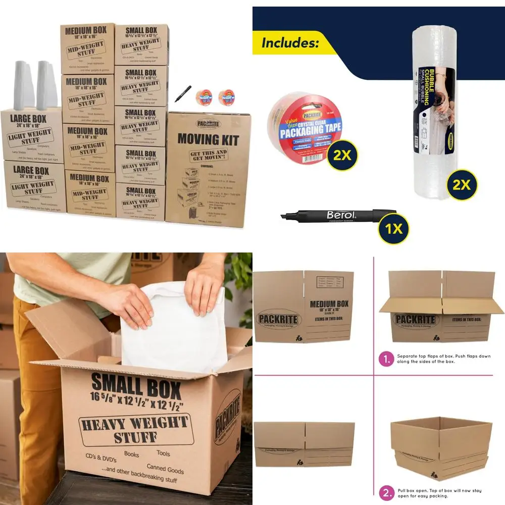 Complete Dorm Room Moving Kit: 12 Assorted Size Boxes, Packing Tape, Bubble Wrap, Markers for Efficient Relocation