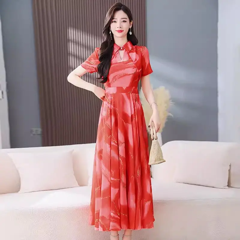 Elegantes neues langes Kleid im chinesischen Stil Frauen Sommer neue abnehmende kurz ärmel ige Maxi bedruckte Kleid weibliche Vestidos k439