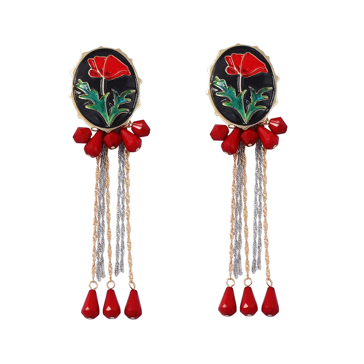 

ZAA New in Enameled Flower Drop Metal Link Chains Tassel Dangling Earrings 2025 Trend Boho Women Jewelry Statement Accessories