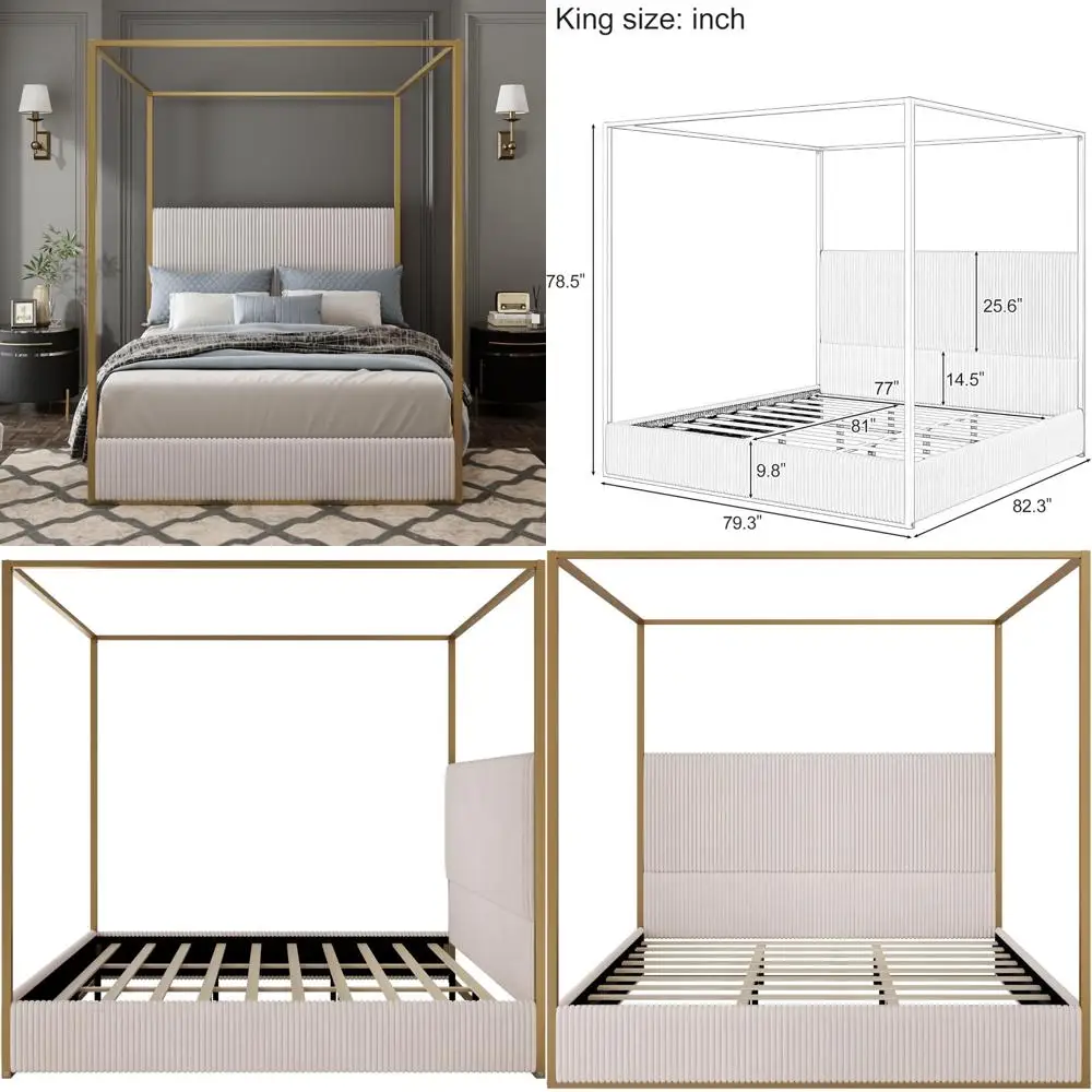 Luxurious King Size Upholstered Canopy Bed Frame