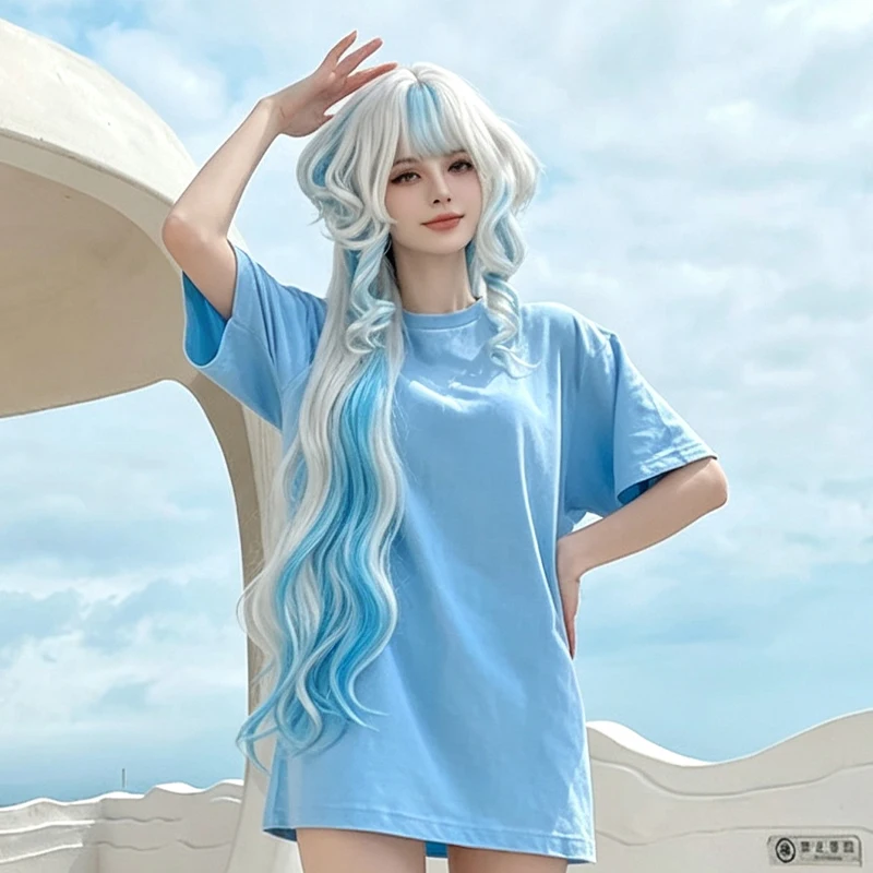 Cosplay Wig 100cm Long Curly White Base Blue Tips Synthetic Hairpiece Jellyfish Wig For Game Character Role Play