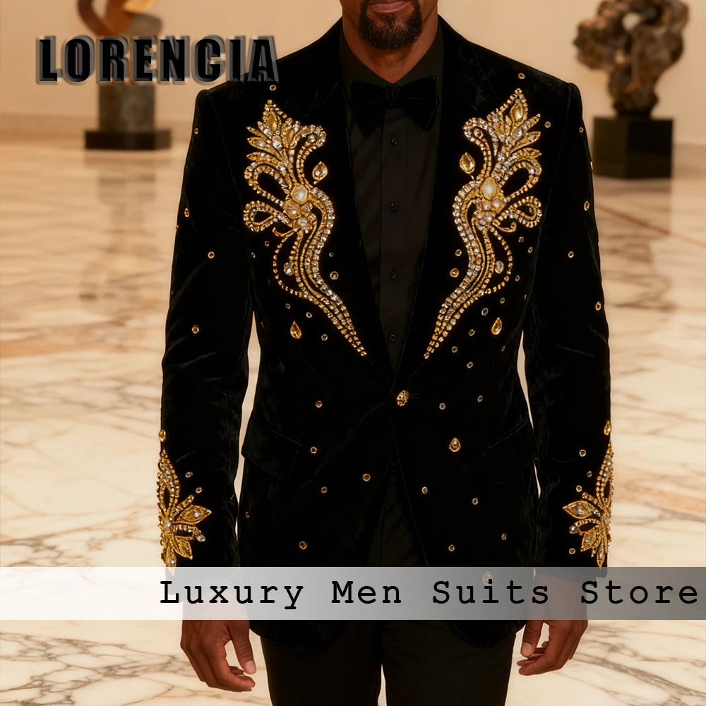 

Simple Rhinestone Suits for Male 2 Pieces Velvet Tuxedos Evening Party Outfits Customized Jacket Pant ternos masculino completo