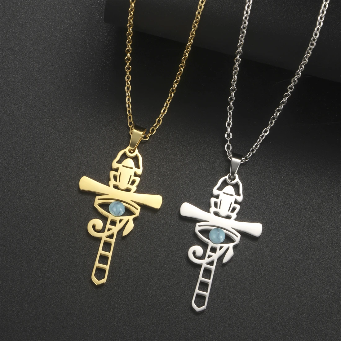 1pc Scarab Ankh Cross Necklaces For Women Men Stainless Steel Turquoise Eye of Horus Pendant Chain Egypt Amulet Jewelry Gift