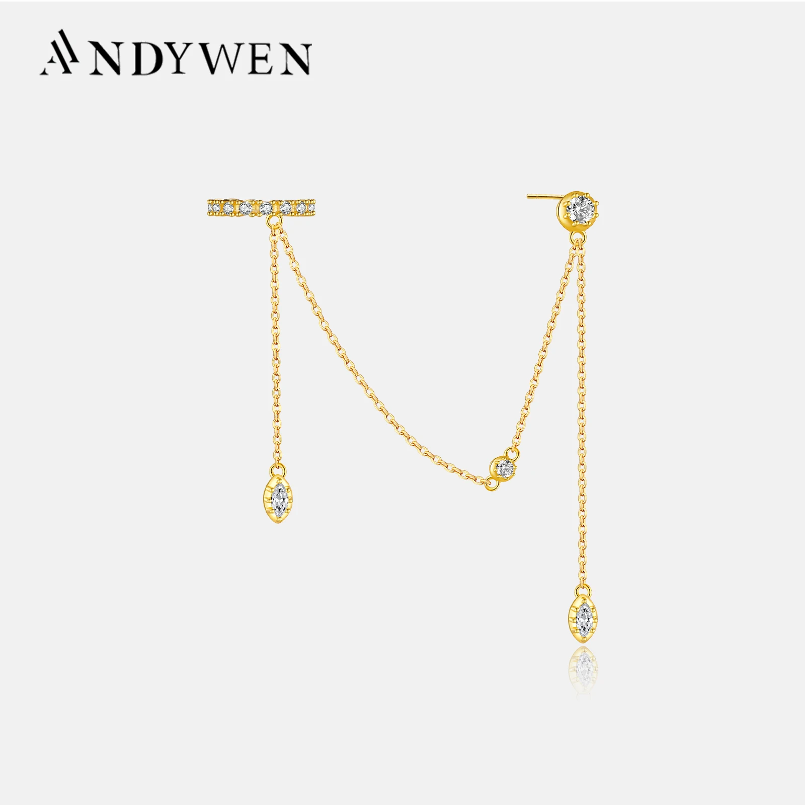 

ANDYWEN стерлингового серебра 925 пробы, цепочка с цирконием, серьги-гвоздики, серьги-гвоздики без пирсинга, зажимы в стиле рок-панк, женские свадебные ювелирные украшения 2024, драгоценности