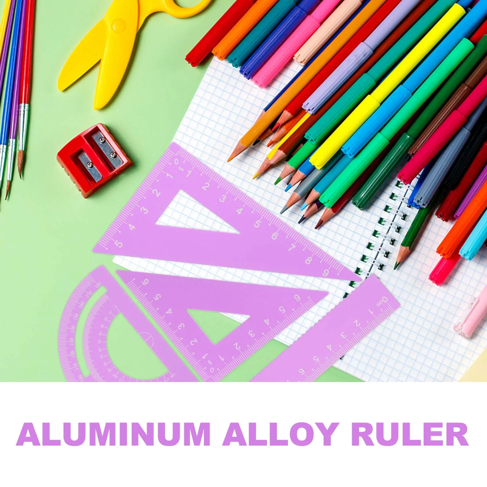 

4pcs Aluminum Alloy Ruler Set Geometry Math Tools Office School Measurement Kit Portable Lightweight Stationery For