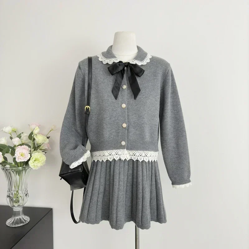 

MiiiiX Casual Sweet Dress Sets Bow Lace Knitted Cardigan Sweater Top High Waist Pleated Skirt Suit Spring Women's Two-piece Set