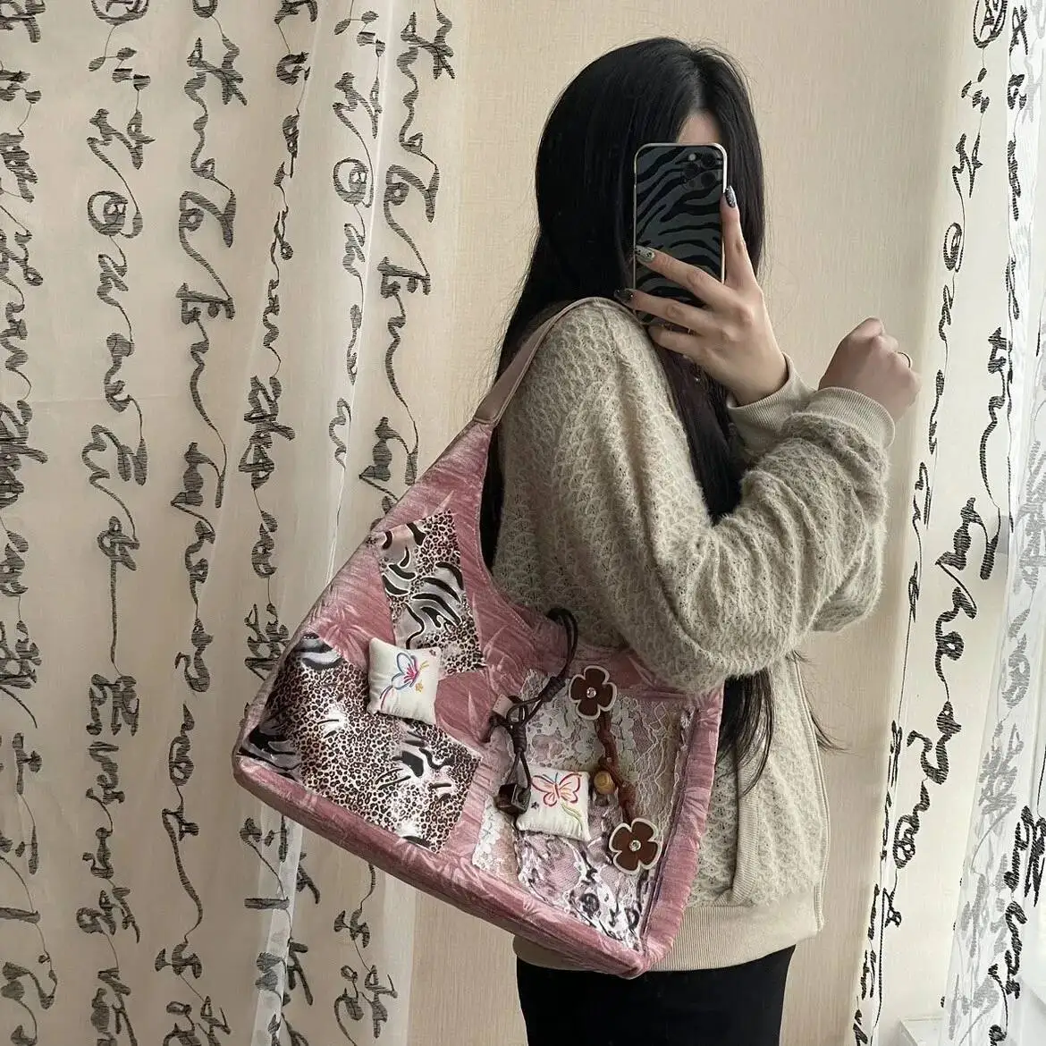 Bloom Haruku Pink Large Capacity Tote Bag Purse Women Retro Chinese Style Lace Shoulder Bags Ladies Vintage Y2k Handbag 2025