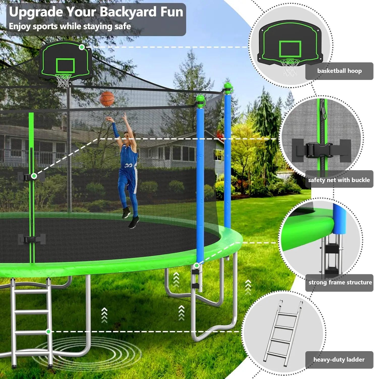 

Батут из легированной стали для 4-6 детей и взрослых, улучшенная модель 10/12/14/15/16 футов с подсветкой, колышками, дождевателем и баскетбольным кольцом