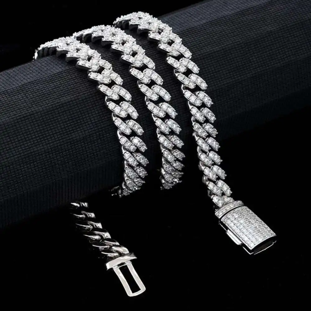 Luxury Wholesale Jewelry Iced Pure 925 Sterling Silver Necklace Vvs 8mm Solid Rose Gold Miami Moissanite Cuban Link Chain.