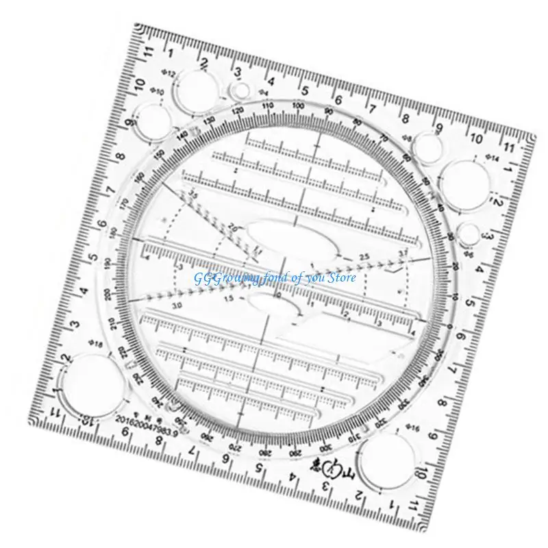 

H9EB Geometric Ruler Plastic Draft Ruler Rotatable Ruler Template Measuring Tool