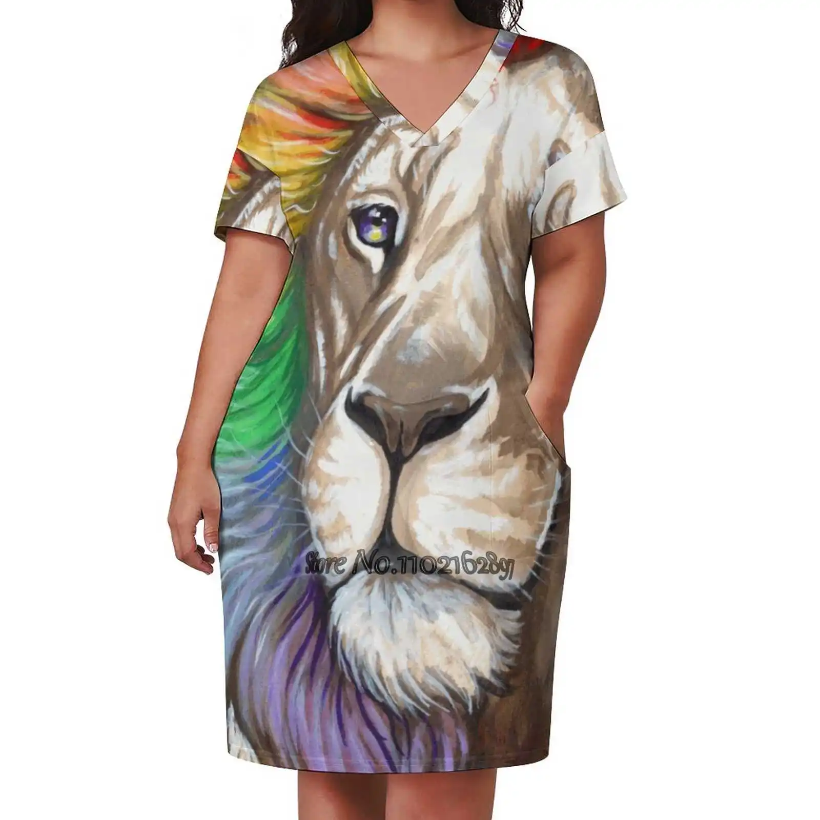 Queen Loose V-Neck Short Sleeve Skirt Elegant High Quality Dress Lightweight Fabric Skirt Lion Lioness Drag Queen Trans Queer