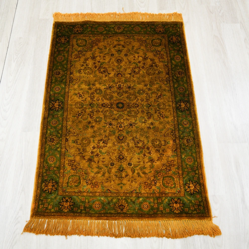 61x91cm Antique Silk Carpet Traditional Exquisite Yellow Oriental Silk Rugs  (TJ718A)