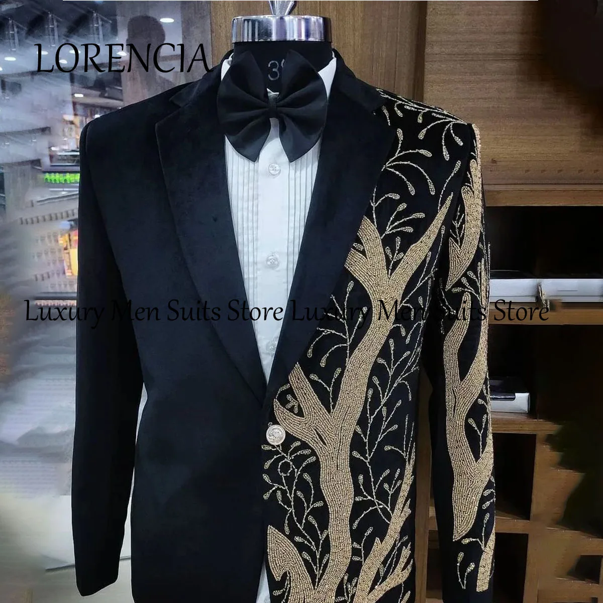 

Formal Beaded Men Wedding Suits Appliques Lapel Groom Tuxedos Business Male Blazers Pants Outfit 2 Pieces Sets Costume Homme